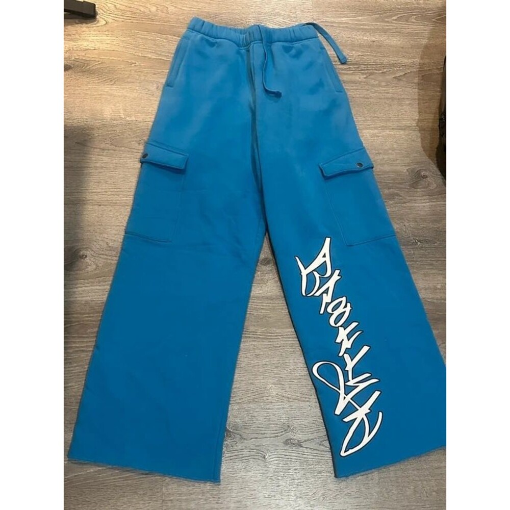 Fashion Nova Blue Cargo Sweatpants Jogger Wide Leg Graffiti Print Size S